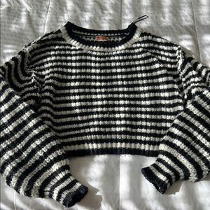 Striped Black & White Cropped Crewneck Sweater - Women's